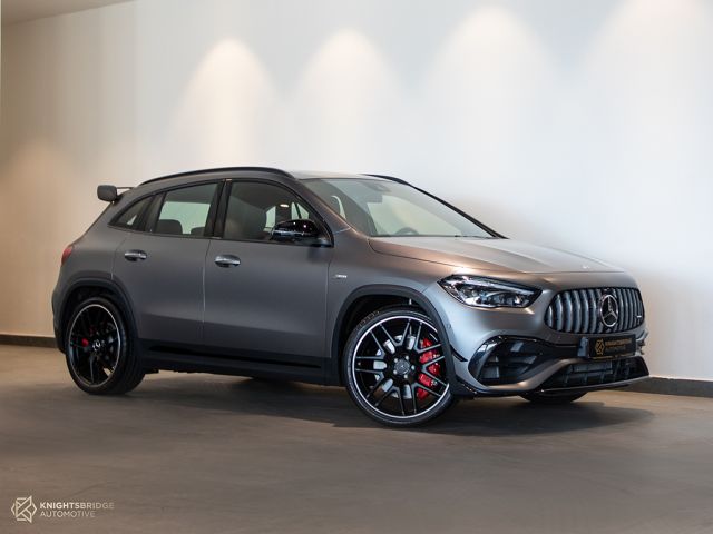New 2021 Mercedes-Benz GLA 45s AMG Grey exterior with Red and Black interior at Knightsbridge Automotive